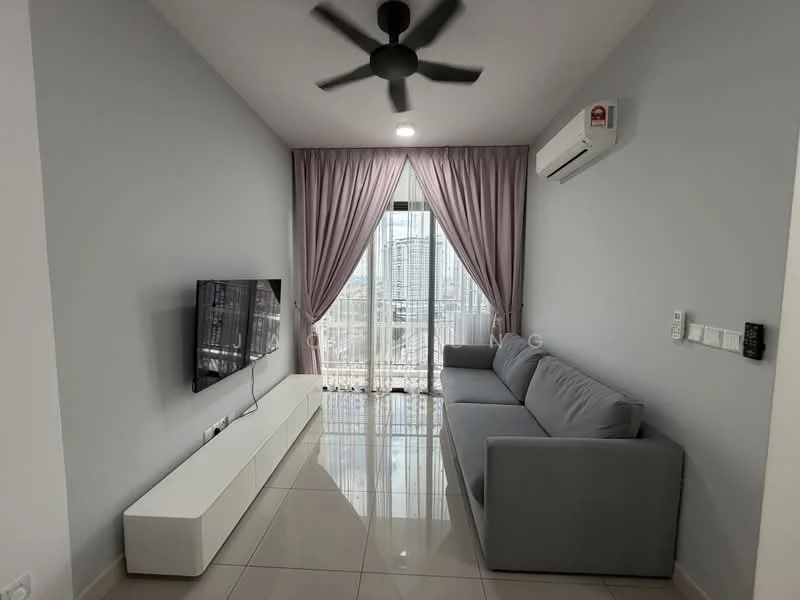 Living features: grey fabric sofa, white TV console, wall-mounted TV, floor-to-ceiling windows, sheer curtains, recessed downlights, 5-blade ceiling fan, wall-mounted split AC, glossy tile flooring, light grey painted walls; style: modern; view: city.