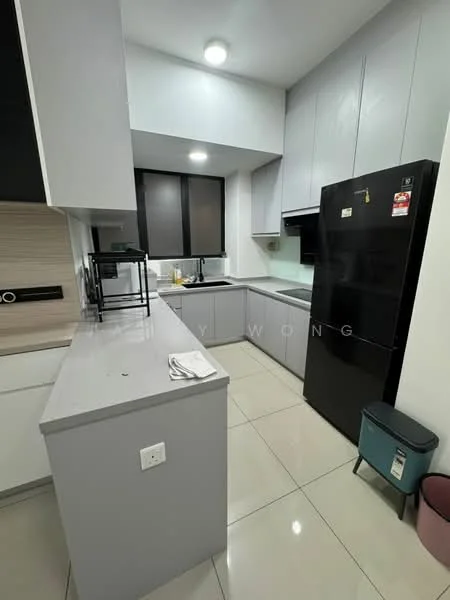 Kitchen features: grey cabinetry, white countertops, black refrigerator, single-bowl stainless-steel sink, chrome pull-down faucet, ceramic tile flooring, recessed downlights, window with black frame, open shelving, kitchen island, built-in oven, microwave, stainless-steel range hood; style: modern.