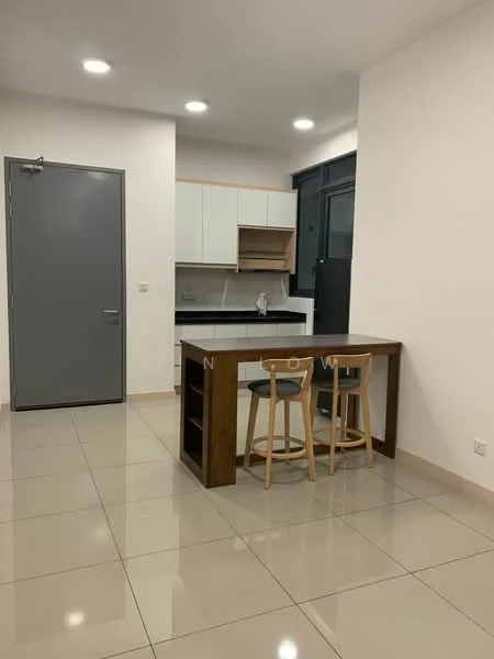 Kitchen features: white cabinetry with upper shelves, grey countertop, single-bowl stainless-steel sink, chrome pull-down faucet, built-in kitchen appliances, bar counter with two stools, ceramic tile flooring, recessed LED downlights, floor-to-ceiling windows, grey painted door; style: modern.