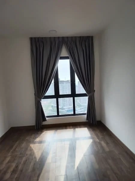Room features: floor-to-ceiling window, grey curtains, wooden flooring, white painted walls, natural light, city view; style: modern; view: city.