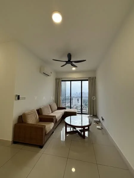 Living features: 3-seater fabric sofa in beige, coffee table, floor-to-ceiling windows, curtains, wall-mounted split AC, 5-blade ceiling fan with light, glossy tile flooring, neutral painted walls; style: modern; view: city.