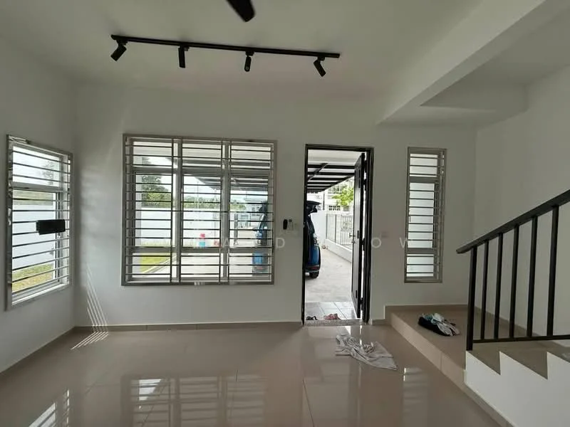 Living features: white painted walls, glossy ceramic tile flooring, sliding glass door, floor-to-ceiling windows, black ceiling fan, track lighting, staircase with metal railing, natural light from windows; style: modern; view: garden.