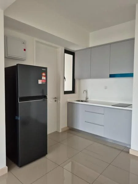 Kitchen features: black fridge, grey cabinetry, white countertop, single-bowl stainless-steel sink, chrome pull-down faucet, built-in cooktop, tile backsplash, wall-mounted split AC, ceramic tile flooring, window with black frame; style: modern.