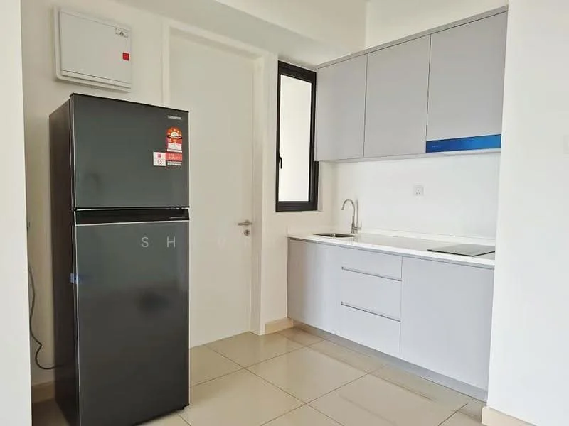Kitchen features: black fridge, white cabinetry, single-bowl stainless-steel sink, chrome pull-down faucet, built-in stove, wall-mounted air conditioning unit, tile flooring, window with black frame; style: modern.