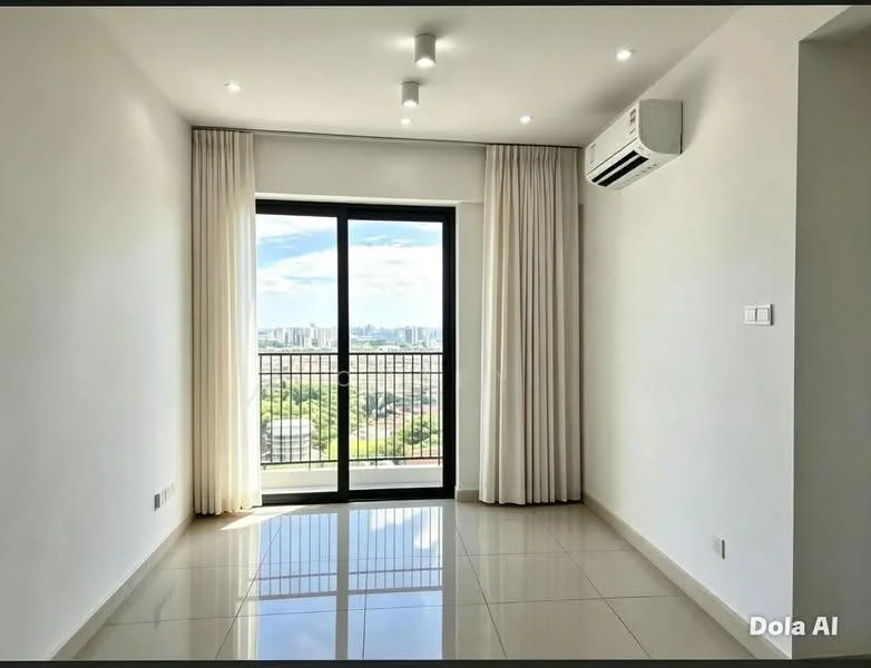 Living features: white painted walls, glossy tile flooring, recessed downlights, sliding glass door, floor-to-ceiling windows, sheer curtains, 1 wall-mounted split AC, balcony view, neutral color scheme; style: modern; view: city.