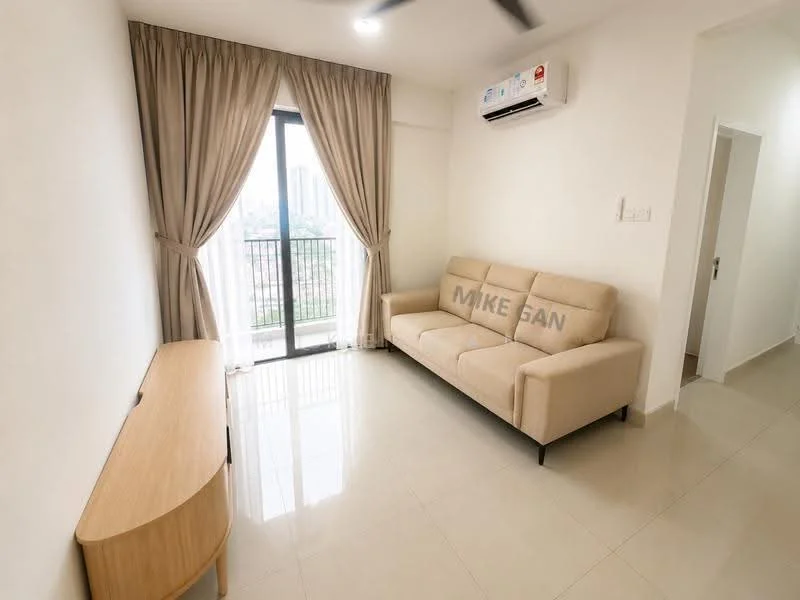 Living features: cream fabric sofa, wooden TV console, floor-to-ceiling windows, sheer curtains, white painted walls, glossy tile flooring, ceiling fan, air conditioning unit; style: modern; view: city.