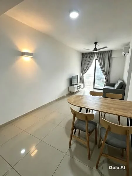 Living features: white painted walls, glossy tile flooring, 5-blade ceiling fan with light, recessed LED downlights, floor-to-ceiling windows, curtains, sofa in grey, TV console, wall-mounted TV, dining table with 4 chairs; style: modern; view: city.