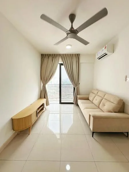 Living features: 3-seater fabric sofa in beige, wooden TV console, floor-to-ceiling windows, sliding glass door, sheer curtains, 5-blade ceiling fan, wall-mounted split AC, glossy ceramic tile flooring, recessed downlights, neutral painted walls; style: modern; view: city.