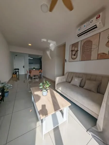 Living features: 3-seater fabric sofa in beige, coffee table with wooden top and white legs, wall-mounted split AC, recessed downlights, large wall art with abstract designs, tile flooring, plant in ceramic pot, open layout to dining area, neutral painted walls; style: modern.