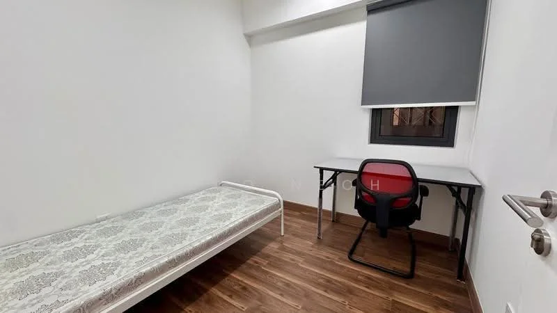 Bedroom features: single bed frame without mattress, study desk, office chair, window with roller blind, wood laminate flooring, white painted walls, light fixture on ceiling; style: modern.