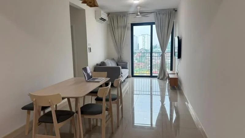 Living features: grey fabric sofa, coffee table, wall-mounted TV, floor-to-ceiling windows, sheer curtains, recessed downlights, 1 wall-mounted split AC, polished tile flooring, decorative wall, area rug, TV console; style: modern; view: city. Dining features: 6-seater dining table, wooden dining chairs, minimalist design; style: modern; view: city.