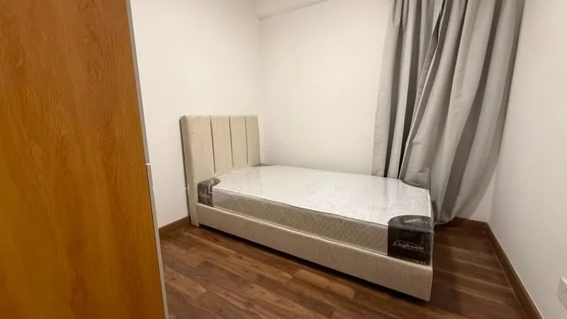 Bedroom features: queen-size bed, upholstered headboard, white walls, grey curtains, wooden flooring, single bedside, minimalist decor; style: modern.