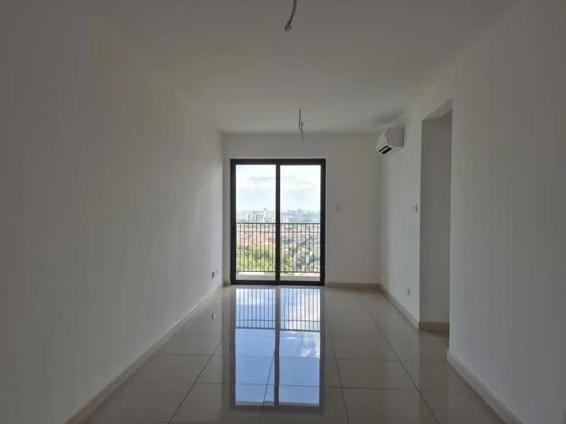 Living features: white painted walls, glossy ceramic tile flooring, floor-to-ceiling sliding glass door, city view, 1 wall-mounted split AC, recessed downlights, neutral color scheme; style: modern; view: city.