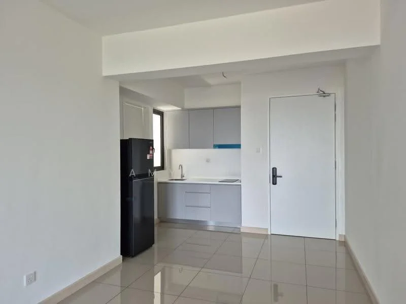 Kitchen features: white painted walls, grey cabinetry, single-bowl stainless-steel sink, chrome pull-down faucet, white countertop, built-in oven, fridge, ceramic tile flooring, recessed downlights, window with view, sliding door, kitchen island; style: modern.