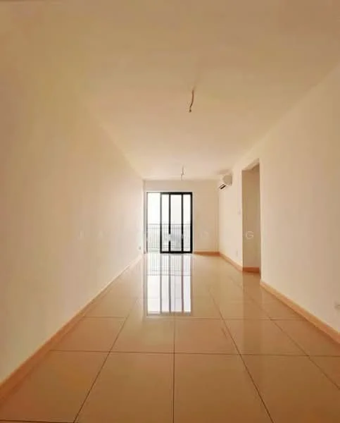 Room features: white painted walls, glossy beige tile flooring, sliding glass door, floor-to-ceiling windows, recessed ceiling lights, 1 wall-mounted split AC; style: modern; view: city.