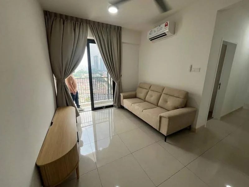 Living features: cream painted walls, glossy ceramic tile flooring, 5-blade ceiling fan with light, floor-to-ceiling sliding glass door, sheer curtains, sofa in beige fabric, wooden console table, wall-mounted split AC; style: modern; view: city.