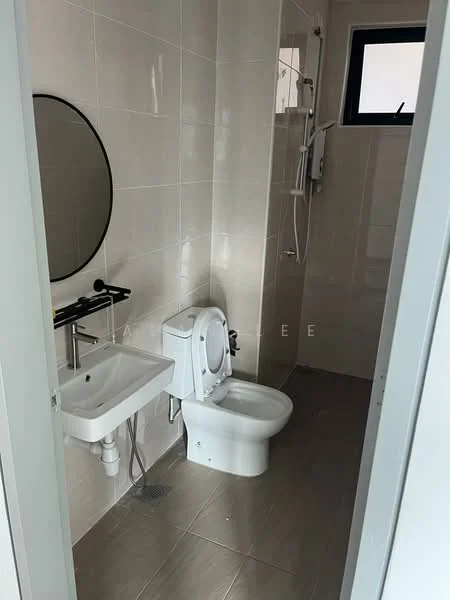 Bathroom features: white tiled walls, grey ceramic tile flooring, round mirror, single-sink vanity with wall-mounted faucet, one-piece toilet, shower with handheld shower head, glass shower enclosure, wall-mounted shower controls; style: modern.