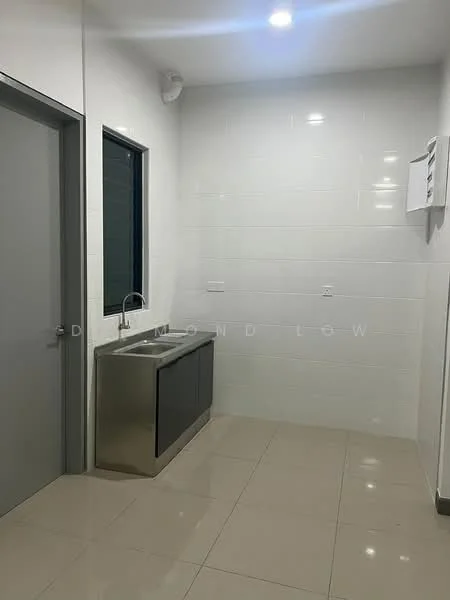 Laundry features: single-bowl stainless-steel sink, chrome pull-down faucet, grey cabinetry, white tiled walls, glossy floor tiles, recessed LED downlights, window with black frame, white electrical panel; style: modern.