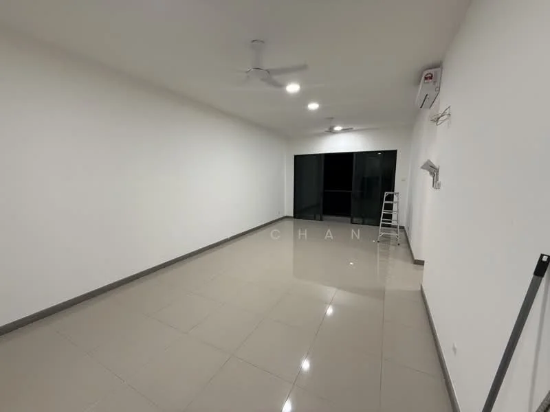 Room features: white painted walls, glossy ceramic tile flooring, recessed LED downlights, 2 ceiling fans, 1 wall-mounted split AC, floor-to-ceiling sliding glass door, blackout curtains, ladder, open space; style: modern.
