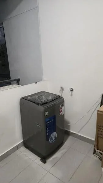 Laundry features: top-load washing machine in grey, white painted walls, grey tile flooring, water supply outlet, drainage outlet.