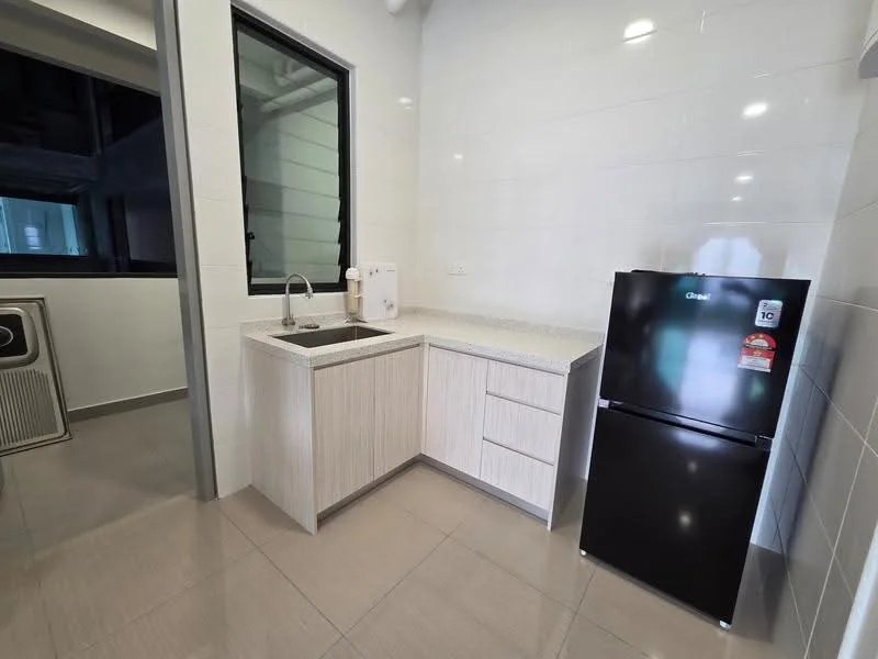 Kitchen features: single-bowl stainless-steel sink, chrome pull-down faucet, granite countertop, light wood cabinetry, black fridge, ceramic tile flooring, white painted walls, window with view to outside, wall-mounted split AC; style: modern.