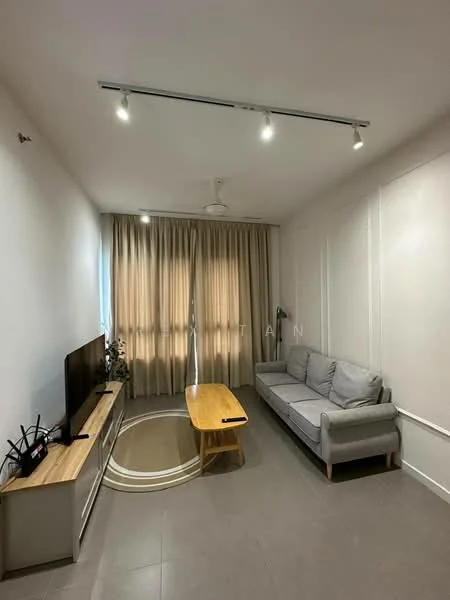 Living features: grey fabric 3-seater sofa, wooden coffee table, TV console, wall-mounted TV, recessed LED downlights, ceiling fan, floor-to-ceiling windows with sheer curtains, light grey tiled flooring, white painted walls, decorative wall paneling; style: modern.