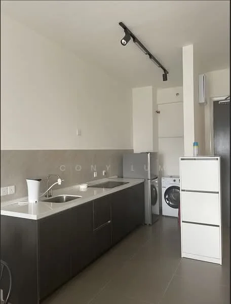 Kitchen features: double-bowl stainless-steel sink, chrome pull-down faucet, grey cabinetry, white countertop, built-in oven, freestanding washing machine, freestanding dryer, recessed LED downlights, wall-mounted air conditioning unit, tile backsplash, ceramic tile flooring; style: modern.