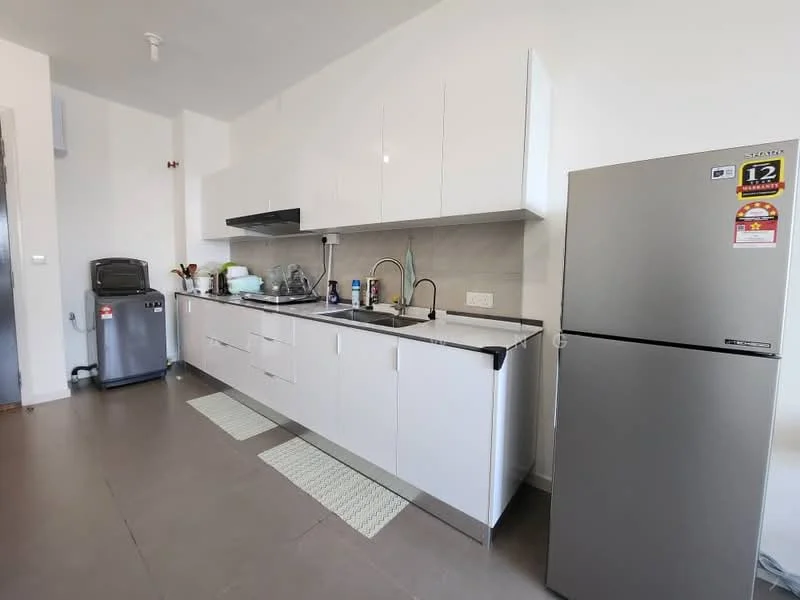 Kitchen features: white flat-panel cabinets, black countertop, stainless-steel sink, chrome pull-down faucet, built-in stove with hood, refrigerator, microwave, grey tile flooring, wall-mounted cabinets, kitchen utensils on countertop, dish soap dispenser, two kitchen mats; style: modern.