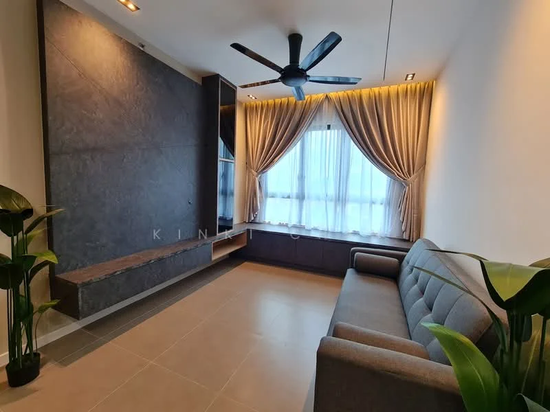 Living features: grey fabric sofa, 5-blade ceiling fan with light, floor-to-ceiling window, sheer curtains, wooden window ledge, wall-mounted TV console, decorative wall panel with stone finish, built-in cabinetry, tile flooring, indoor plants; style: modern; view: city.