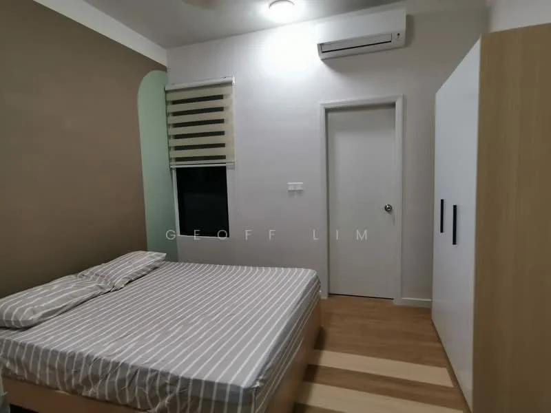 Bedroom features: queen-size bed with striped bedding, wooden flooring, white walls, air conditioning unit, window with blinds, built-in wardrobe with sliding doors, light fixture on ceiling, door leading to hallway; style: modern.