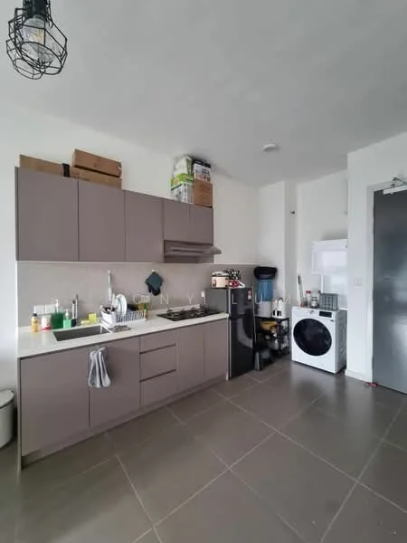 Kitchen features: grey cabinetry, white countertop, stainless-steel sink, chrome pull-down faucet, 4-burner gas hob, built-in oven, black refrigerator, front-load washing machine, tile flooring, open shelving, box storage on top of cabinets, wall-mounted water dispenser, window with natural light; style: modern.