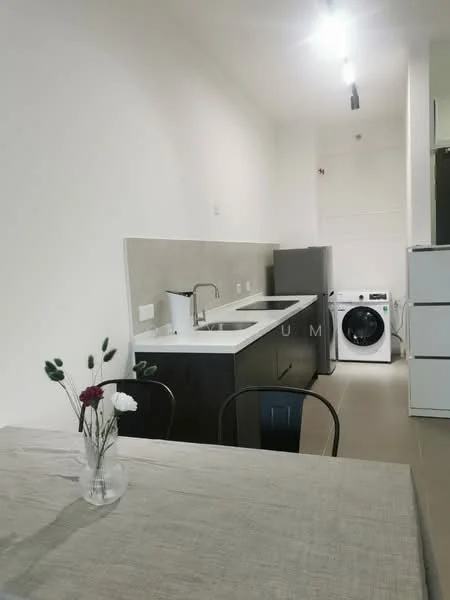 Kitchen features: white painted walls, light grey tile flooring, marble countertop, single-bowl stainless-steel sink, chrome pull-down faucet, built-in oven, stainless-steel fridge, front-load washing machine, dark wood cabinetry, recessed LED downlights, dining table with tablecloth, decorative vase with flowers; style: modern.