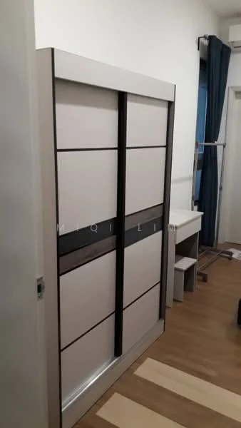 Room features: built-in wardrobe with sliding doors, light wood finish, black accent panel, laminate flooring, white painted walls, curtains in dark blue, small desk or console table, clothes rack; style: modern.