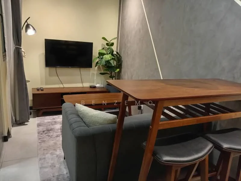 Living features: grey fabric sofa, wooden coffee table, TV console, wall-mounted TV, decorative plant, grey accent wall, recessed lighting, curtains, area rug, tile flooring; style: modern.
