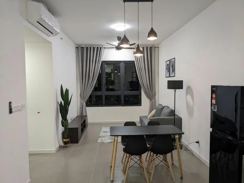 Living features: grey fabric sofa, black dining table with four chairs, wall-mounted TV, wooden TV console, floor-to-ceiling windows, sheer curtains, 5-blade ceiling fan with light, recessed downlights, light grey area rug, indoor plant, white painted walls, tile flooring; style: modern; view: city.