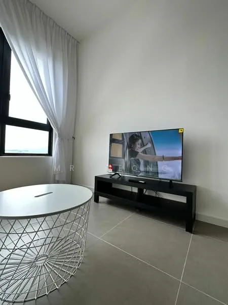 Living features: floor-to-ceiling windows, sheer curtains, grey tiled flooring, black TV console, wall-mounted TV, round coffee table with wireframe base, decorative wall, neutral painted walls; style: modern; view: city.