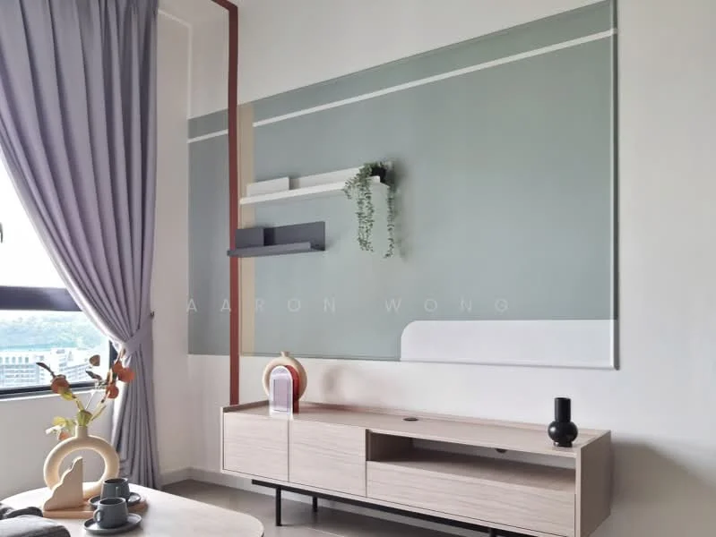 Living features: light grey painted walls, wooden TV console with drawers, decorative wall shelf, green accent wall, floor-to-ceiling window, curtains in light grey, decorative vase, abstract sculpture, minimalist decor, plant in wall-mounted planter; style: modern; view: city.