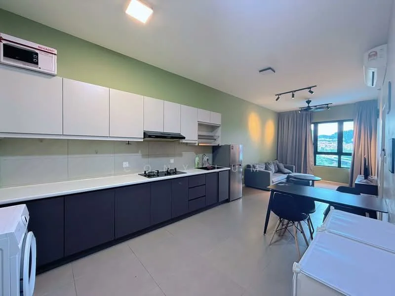 Kitchen features: white upper cabinets, dark grey lower cabinets, white countertop, stainless-steel sink, chrome pull-down faucet, built-in stove, stainless-steel refrigerator, microwave, washing machine, dining table with black chairs, floor-to-ceiling window, light grey tile flooring, air conditioning unit; style: modern; view: city.