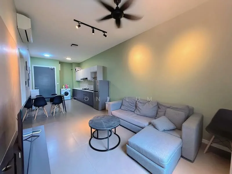 Living features: grey fabric L-shape sectional sofa, round coffee table, wall-mounted TV, TV console, 5-blade ceiling fan with light, light grey walls, cream tiled flooring, floor-to-ceiling window, recessed LED downlights, open-plan layout with kitchen, washing machine, dining area with black chairs; style: modern. Kitchen features: white cabinetry, grey countertops, stainless-steel sink, built-in oven, freestanding range oven, microwave, refrigerator, ceramic tile backsplash; style: modern.