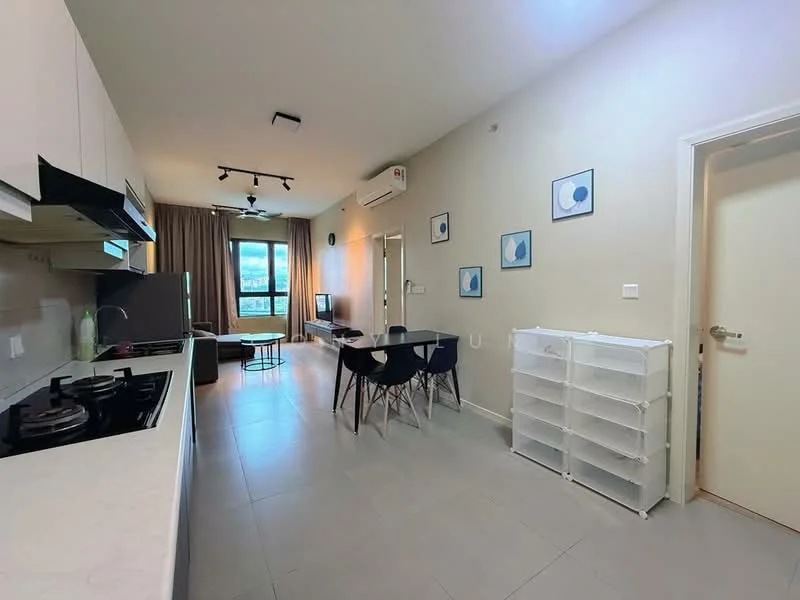 Kitchen features: white cabinetry, stainless-steel gas stove, black countertop, built-in oven, kitchen sink, exhaust hood; style: modern. Living features: dining table with black chairs, sofa, TV console, floor-to-ceiling windows, curtains, air conditioning unit, light fixtures; style: modern; view: city.