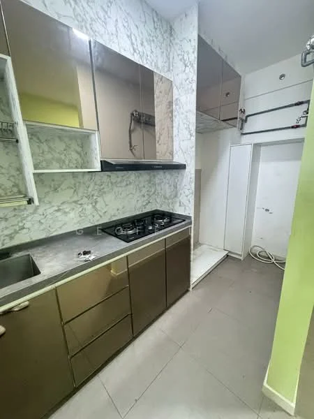Kitchen features: marble backsplash, brown cabinetry, stainless-steel sink, 4-burner gas hob, built-in oven, grey countertop, wall-mounted range hood, tile flooring, under-cabinet lighting, open shelving, recessed lighting; style: modern.