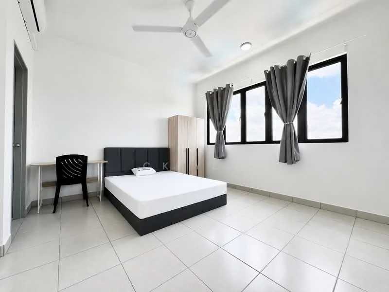 Bedroom features: queen-size bed with upholstered headboard, 2 bedside tables, study desk with chair, floor-to-ceiling windows, grey curtains, white painted walls, ceiling fan, tile flooring, built-in wardrobe; style: modern; view: sky.