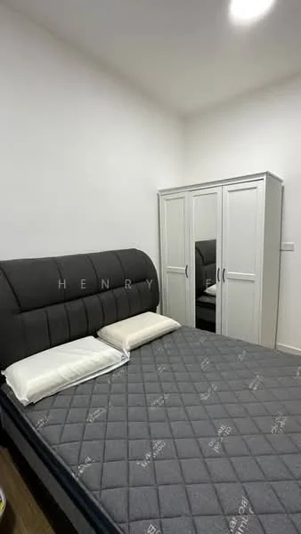 Bedroom features: queen-size bed with grey upholstered headboard, grey mattress, white bedding, white wardrobe with mirrored doors, wooden flooring, white painted walls, ceiling light fixture; style: modern.