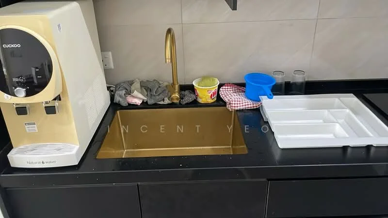 Kitchen features: golden stainless-steel sink, chrome gooseneck faucet, black countertop, black cabinetry, water dispenser, dish drying rack, plastic bowl, cleaning cloths, glass cups, checkered cloth, cutlery tray; style: modern.