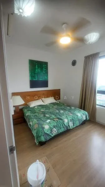 Bedroom features: queen-size bed with floral bedding, wooden headboard, 2 bedside lamps, wall clock, 5-blade ceiling fan with light, window with curtain treatment, wooden flooring, artwork on wall; style: modern.