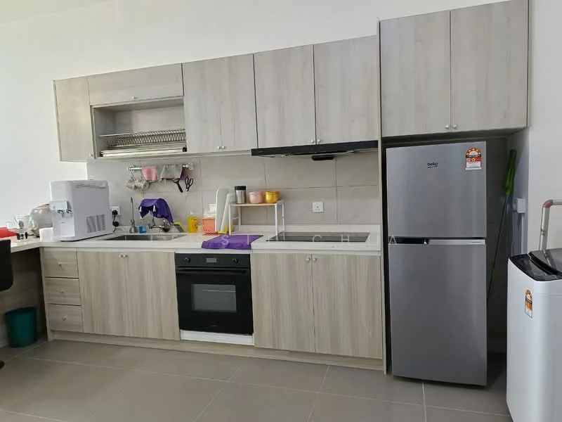 Kitchen features: light wood cabinetry, white countertop, built-in oven, electric cooktop, stainless-steel fridge, single-bowl stainless-steel sink, chrome pull-down faucet, dish rack, microwave, purple kitchen towel, grey tile flooring; style: modern.