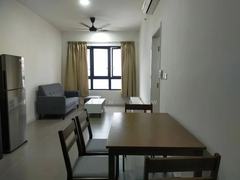 Living features: 3-seater fabric sofa in grey, wooden dining table, 4 wooden dining chairs, stainless-steel fridge, floor-to-ceiling windows, sheer curtains, ceiling fan, light grey tiled flooring, white painted walls, wall-mounted air conditioning unit; style: modern.