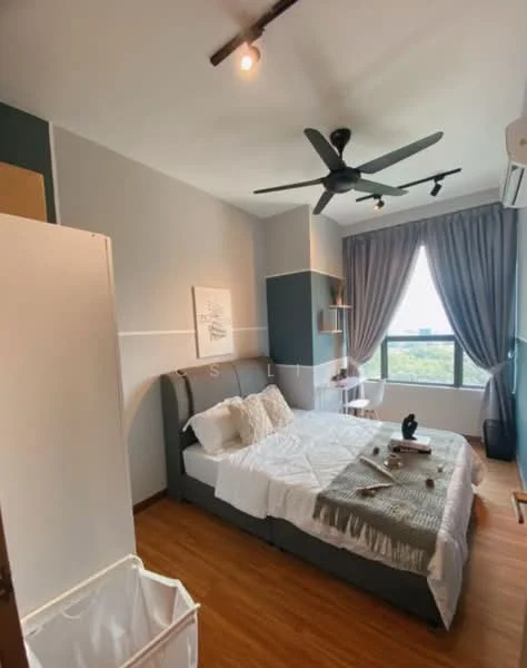 Bedroom features: queen-size bed with grey upholstered headboard, white bedding with decorative pillows, wooden flooring, 5-blade ceiling fan with light, floor-to-ceiling window, curtains in grey, built-in shelving unit, white wardrobe, decorative items on the bed, waste bin, wall-mounted air conditioning unit; style: modern; view: city.