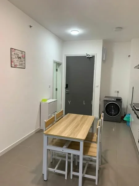 Dining features: wooden dining table, 4 white chairs, grey tiled flooring, white painted walls, recessed ceiling lights, door with grey finish, washing machine, kitchen counter with sink, wall-mounted air conditioning unit; style: modern.