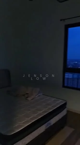 Bedroom features: unmade bed with mattress, light-colored walls, wooden flooring, window with city view, blackout curtains, ceiling fan, nightstand, decorative wall trim; view: city.